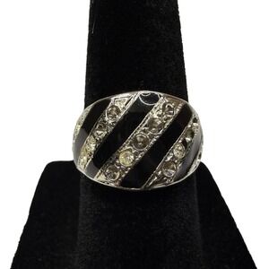 ESPO 14KT GE Silver Tone Black Enamel Striped Ring Clear Rhinestones Sz 5